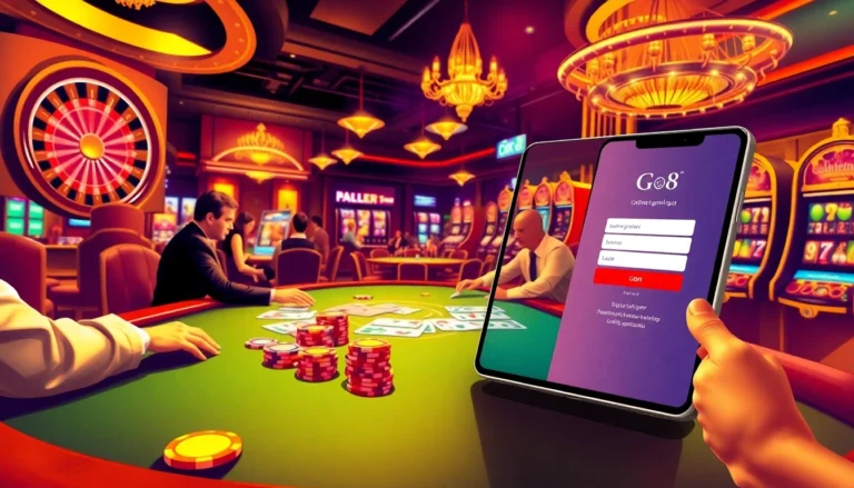 Experience the thrill of đăng nhập Go8 in a luxurious casino setting with active poker players, vibrant chips, and the excitement of the roulette wheel.