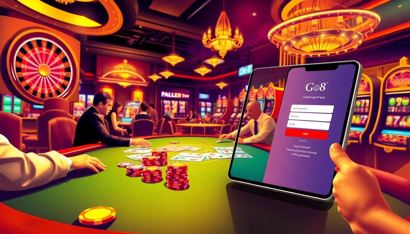 Experience the thrill of đăng nhập Go8 in a luxurious casino setting with active poker players, vibrant chips, and the excitement of the roulette wheel.