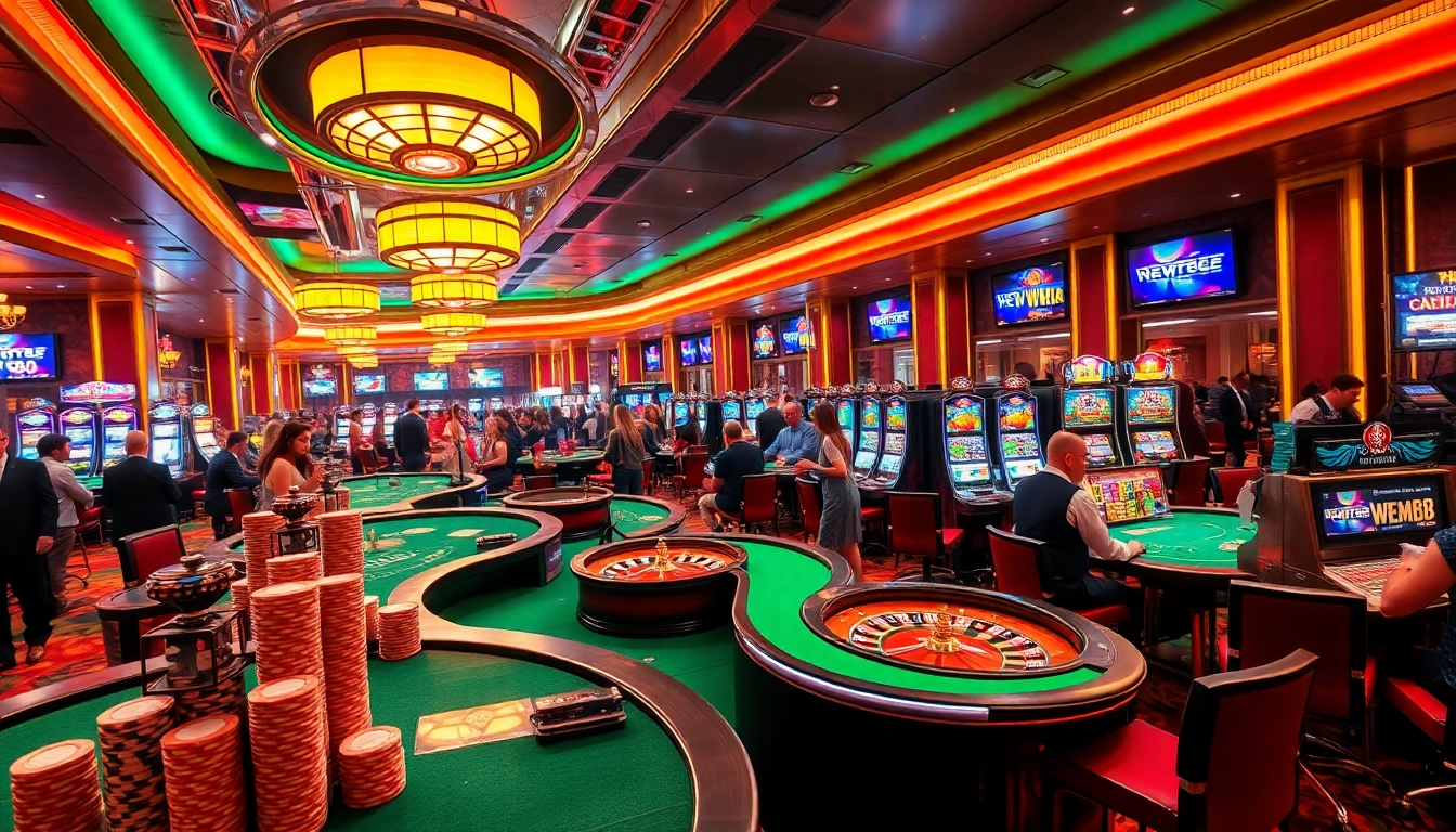 Gamblers enjoying an exciting evening at new88.com casino tables, surrounded by vibrant lights and thrilling action.