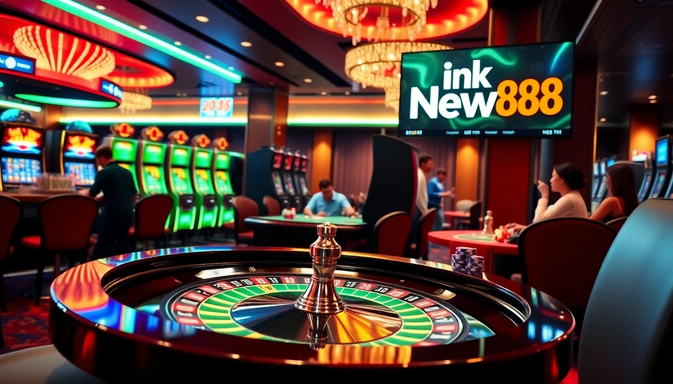 Experience the excitement of Link New88 as players enjoy vibrant casino games, featuring roulette, card tables, and lively slot machines.